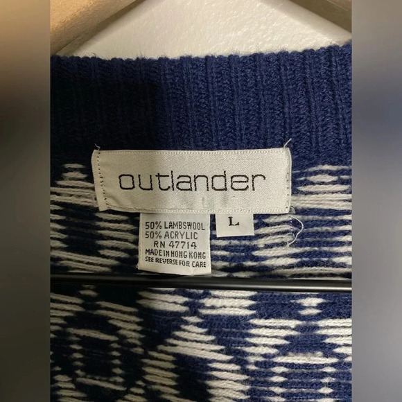 Vintage Navy Blue White Wool Blend Cardigan Sweater Size Large OUTLANDER - Picture 8 of 14